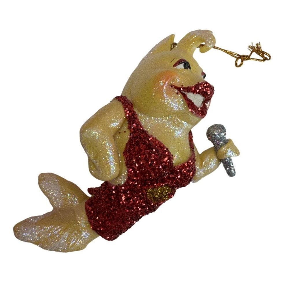 December Diamonds Diva Dolphin Ornament Red Glitter Dress Microphone 5"